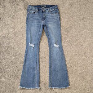 INDIGO RISING Blue Denim Low-Rise Distressed Flare Jeans; Size 7/28